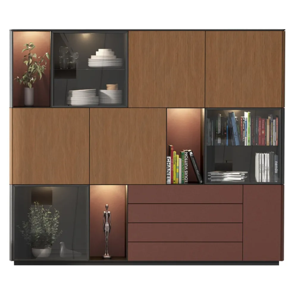 Edition Highboard Ron nussbaumfarbig, rostrot, schwarz