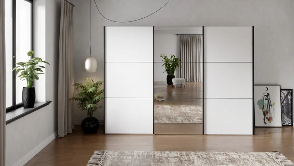 BYYU Schiebetürenschrank Slide Glas Bianco matt, Spiegel Clearance